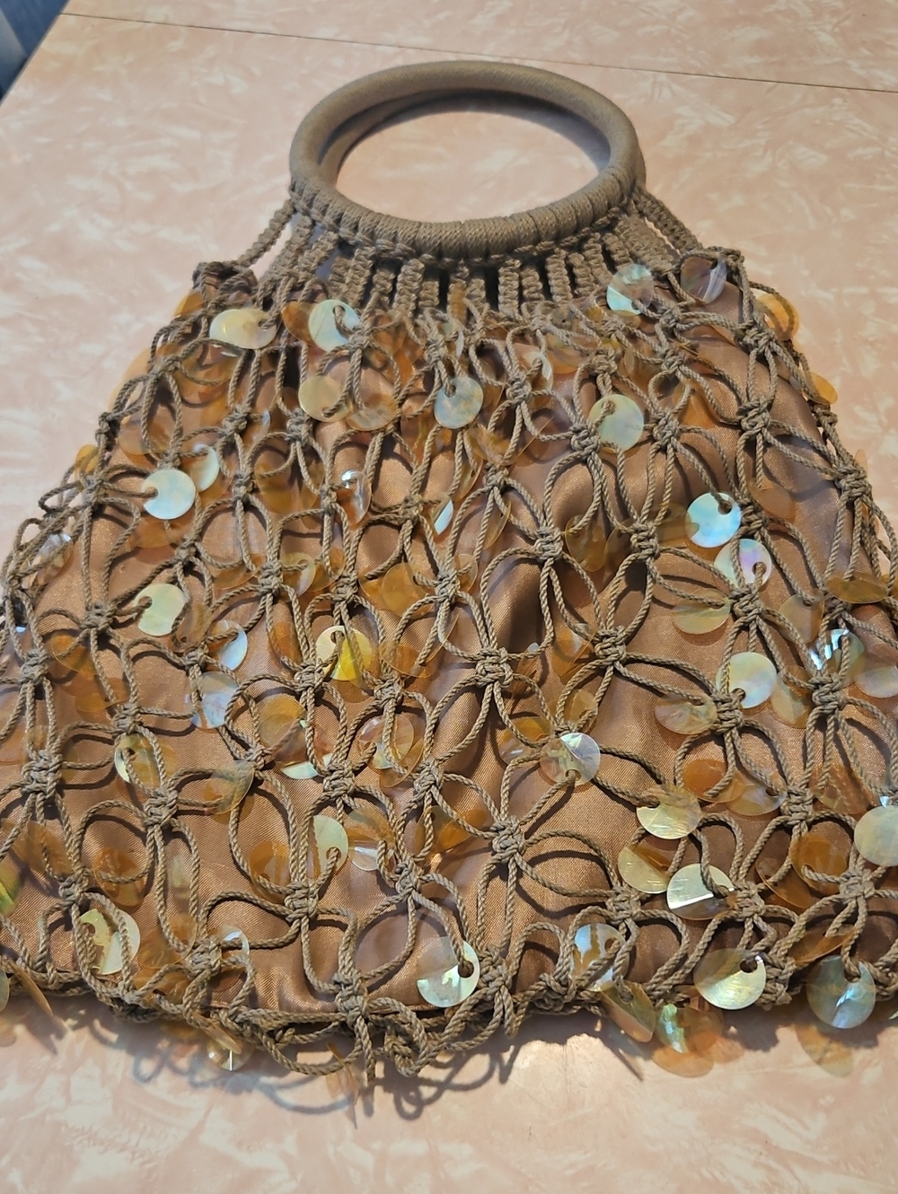 Beaded Macrame Tote Bag in Taupe with Iridescent Shell Accents